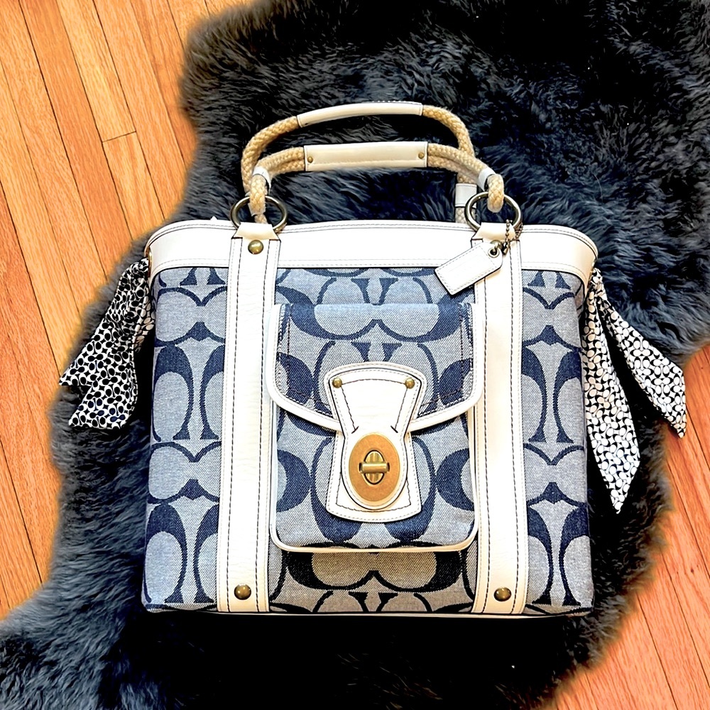 NWT Coach Resort Denim Signature +Parchment Leather Tote Weekend Carry-on 10600